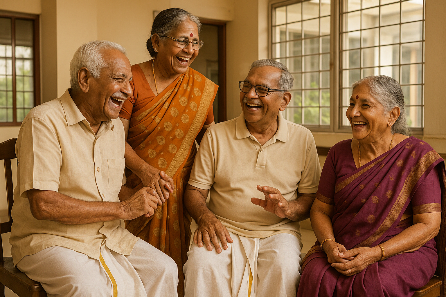 Daughter speaking gently to her elderly parents